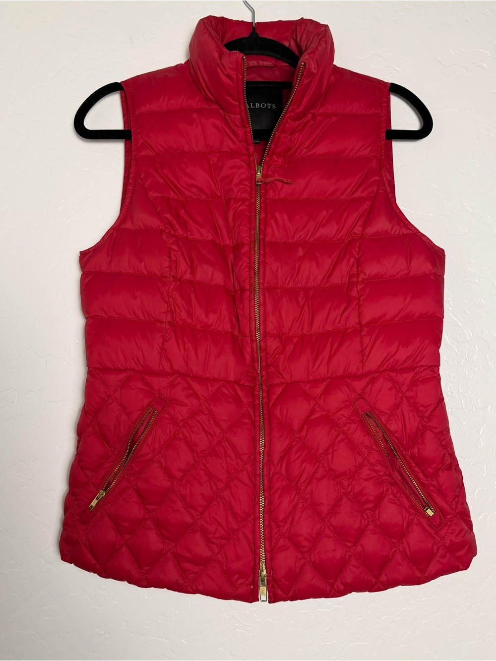 Talbots Womens Small Sleeveless Red Quilted Down Puffer Vest Gold Tone high neck